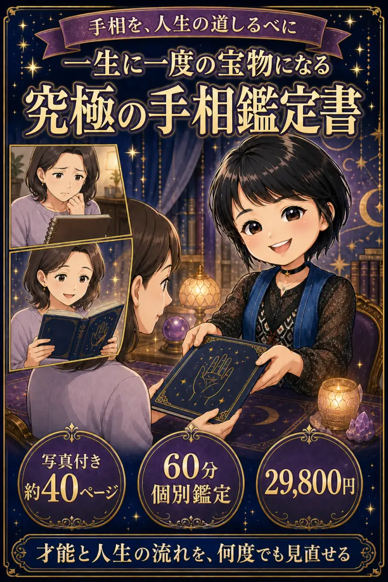 手相を人生の道しるべに。一生に一度の宝物になる究極の手相鑑定書。写真付き約40ページ、60分個別鑑定、29,800円