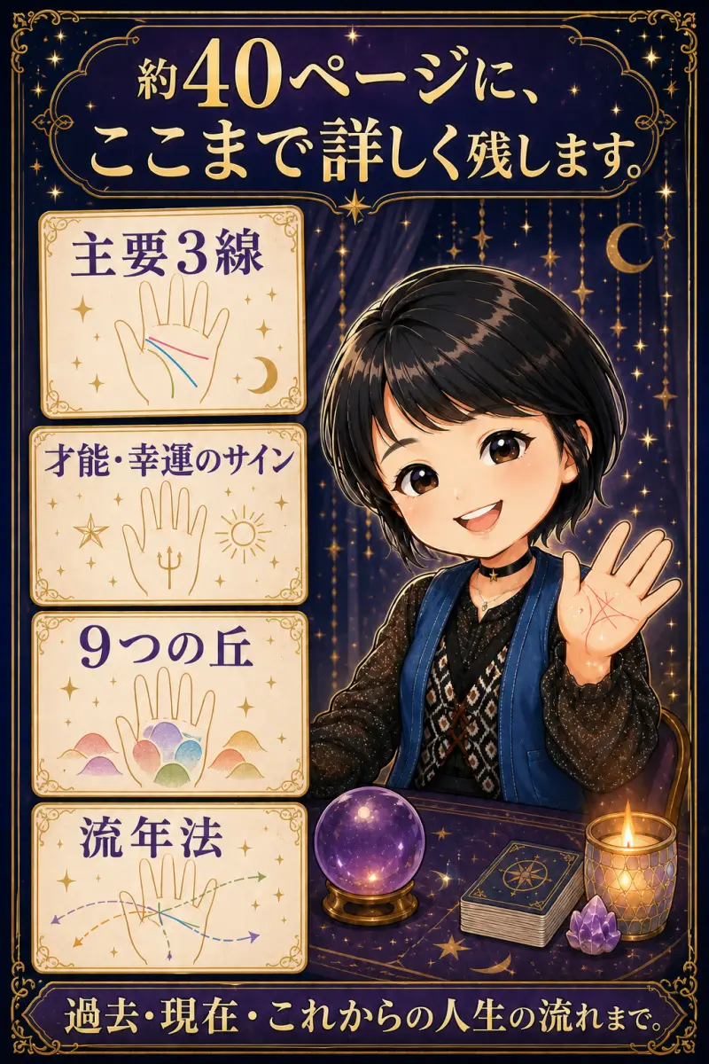 約40ページに主要3線、才能・幸運のサイン、9つの丘、流年法まで詳しく残します