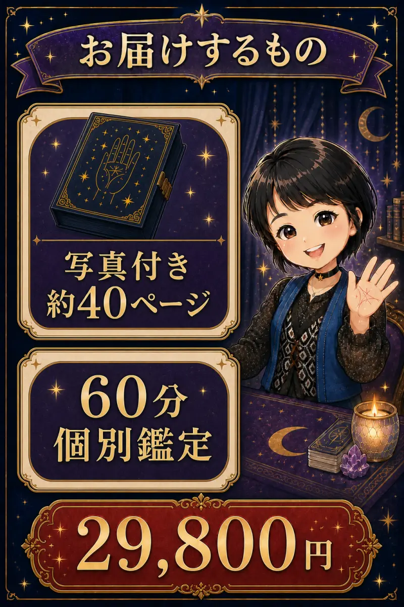 写真付き約40ページと60分個別鑑定を29,800円でお届けします